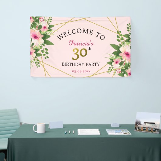 30歳誕生日パーティーピンクフローラようこそ 横断幕 (トレードショー)