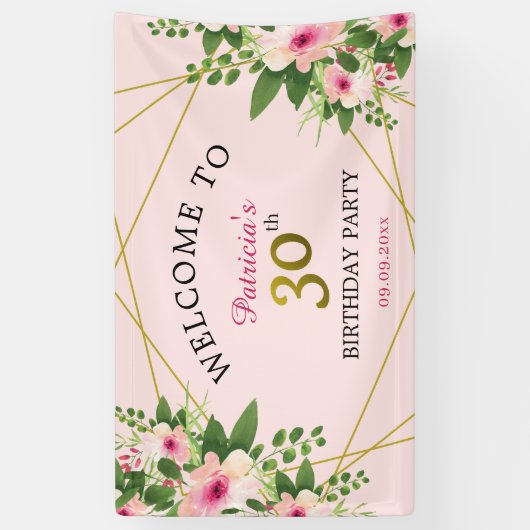 30歳誕生日パーティーピンクフローラようこそ 横断幕 (縦)