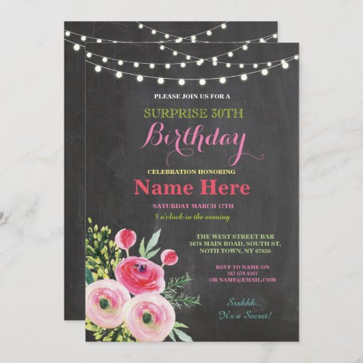30歳誕生日パーティー黒板フローラピンク招待状 招待状 (正面/裏面)