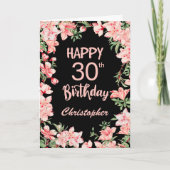 30歳誕生日ピンク桃の水彩フローラブラック カード (正面)