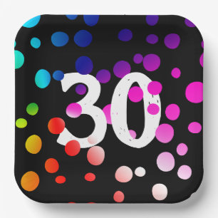 30歳誕生日レインボードット（黒背景） ペーパープレート