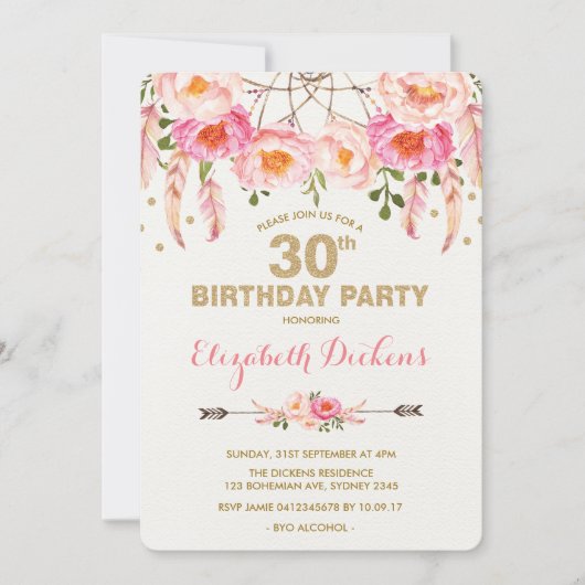 30歳誕生日招待状ピンク金ゴールドボホフローラ 招待状 (正面)