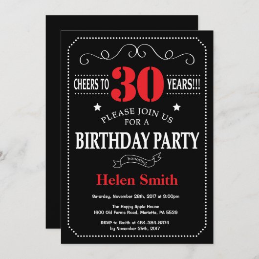 30歳誕生日招待状赤と黒の黒の黒板 招待状 (正面/裏面)