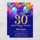 30歳誕生日海軍青と金ゴールドカラフル気球 招待状 (正面/裏面)