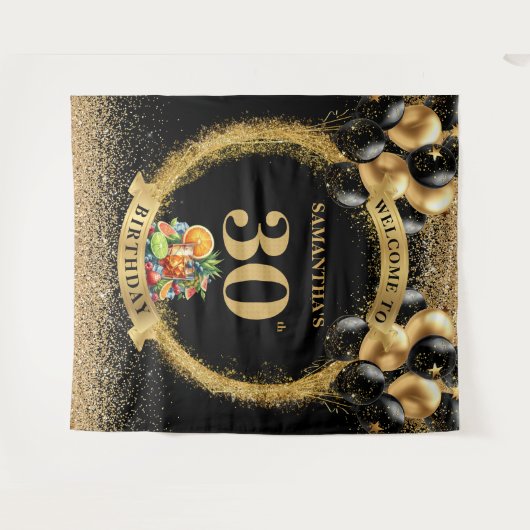 30歳魅力的の誕生日ウイスキーのカクテルバナー タペストリー (正面(横))