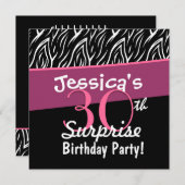 30番目のサプライズ誕生日白黒ピンクゼブラX30 招待状 (正面/裏面)