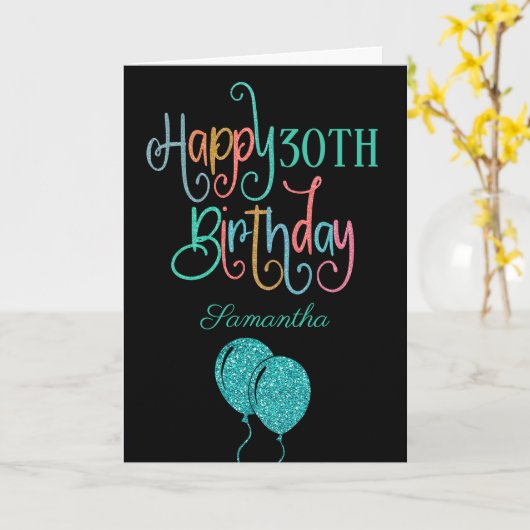 30番目のハッピーバースデースタイリッシュ文字名カラフル カード (黄色い花)