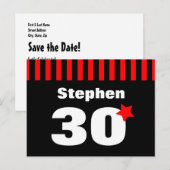 30番目の誕生日レッドブラックストライプとスターR12Z 案内ポストカード (正面/裏面)