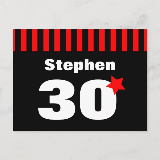 30番目の誕生日レッドブラックストライプとスターR12Z 案内ポストカード (正面)