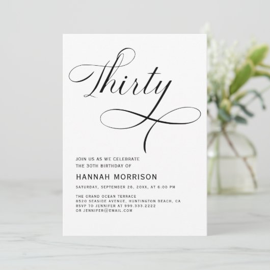 30番目エレガントのスクリプトのミニマル誕生日 招待状 (スタンド正面)