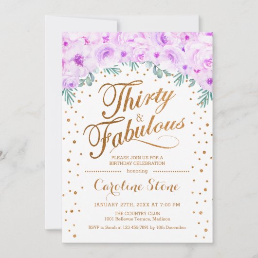 30素晴らしい誕生日パーティー – ホワイト金ゴールドパープル 招待状 (正面)