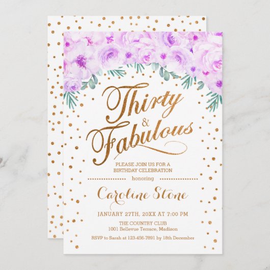 30素晴らしい誕生日パーティー – ホワイト金ゴールドパープル 招待状 (正面/裏面)
