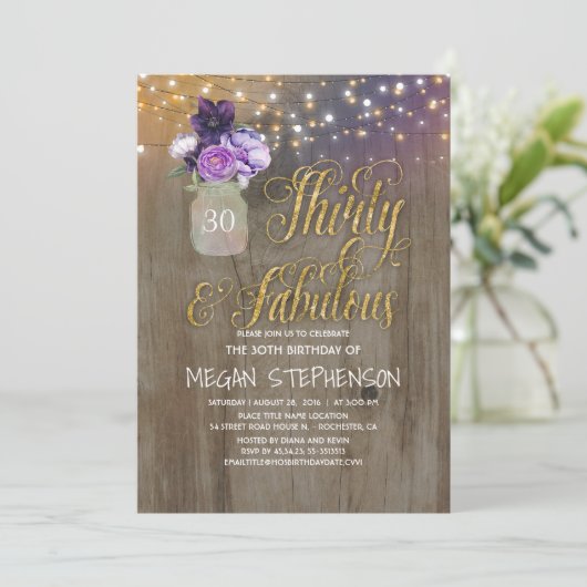 30素朴誕生日 – パープルフラワーズメイソンジャー金ゴールド 招待状 (スタンド正面)