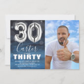 30誕生日シルバー |青い写真パーティー 招待状 (正面)