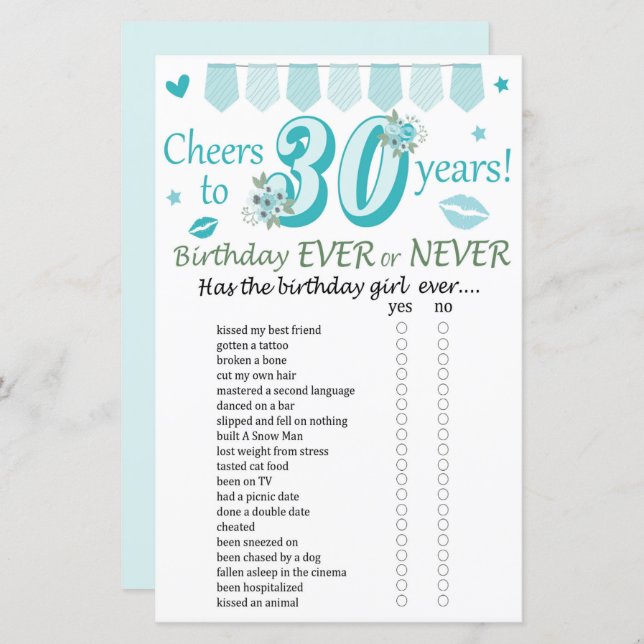 30誕生日Ever Or Never Game (正面/裏面)