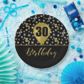 30金ゴールド誕生日バルーンオンブラック金ゴールド紙吹雪 ペーパープレート (パーティー)