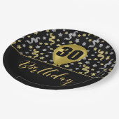 30金ゴールド誕生日バルーンオンブラック金ゴールド紙吹雪 ペーパープレート (アングル)