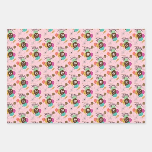 30驚異の年アニマルプリント誕生日気球 ラッピングペーパーシート (正面2)