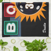 300ゲームオレンジ&ブラックネオンボウルの看板 キッチンタオル (折り畳み)