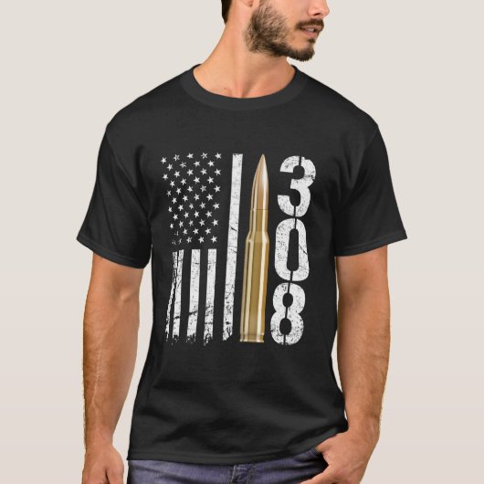 308ガンアムモ弾丸308キャリバーライフル米国旗 Tシャツ (正面)