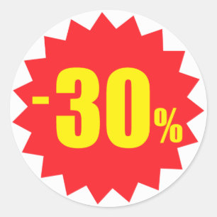 30%販売の割引ステッカー、白および赤 ラウンドシール
