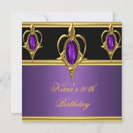 30 30エレガント誕生日パープルジェムブラック金ゴールド 招待状 (正面)