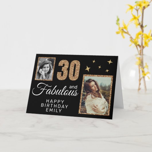 30 and Fabulous Gold Glitter 2 Photo 30th Birthday カード (黄色い花)