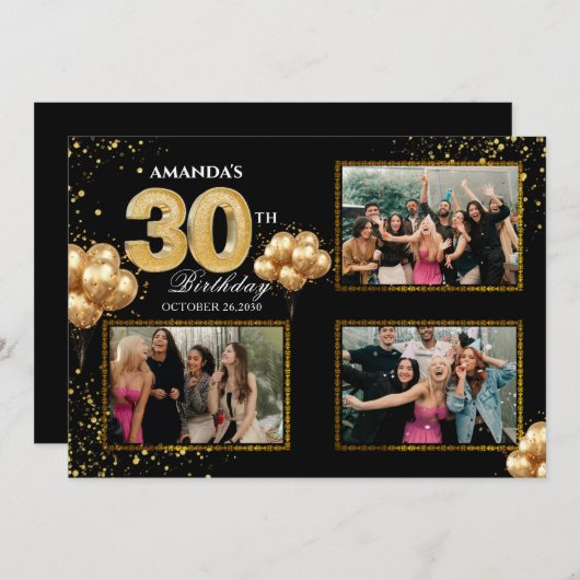 30 th Birthday Gold Silver Black Balloons 招待状 (正面/裏面)