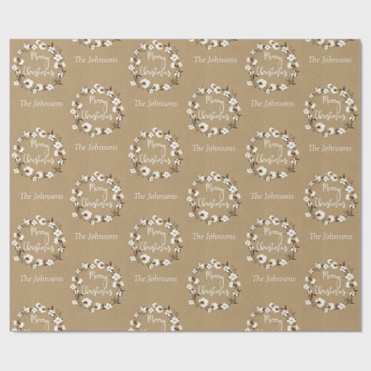 30"x15'クラフトコットンリース名メリークリスマス ラッピングペーパー (フラット)