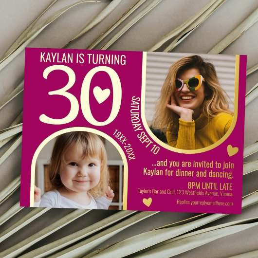 30thアーチ誕生日ピンクの金ゴールドハート風景 箔招待状