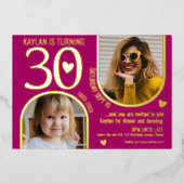 30thアーチ誕生日ピンクの金ゴールドハート風景 箔招待状 (正面)