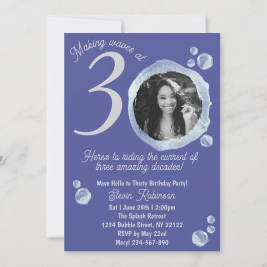 30thインディゴブルーバブルズ誕生日パーティーの写真 招待状 (正面)