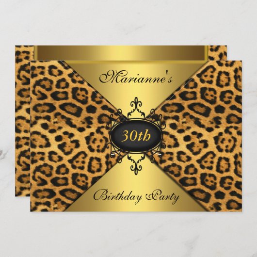 30thエレガントバースデーレオパード黒アンティークジュエル 招待状 (正面/裏面)
