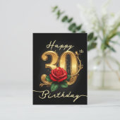 30thエレガント誕生日金ゴールドスクリプトレッドフローラ ポストカード (スタンド正面)