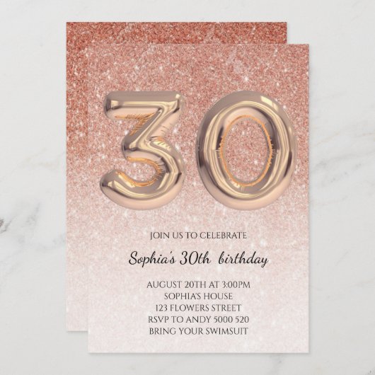 30thガール誕生日バラ金ゴールドエレガントグリッター 招待状 (正面/裏面)
