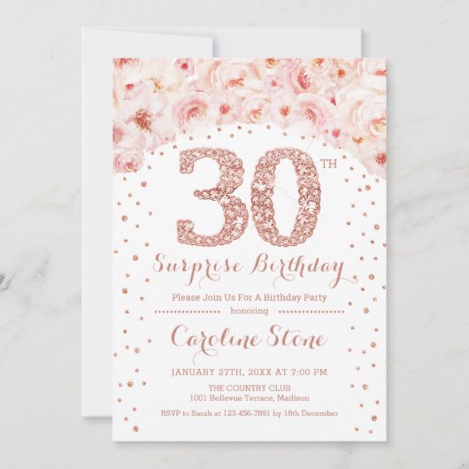 30thサプライズ誕生日パーティー – ホワイトローズ金ゴールド 招待状 (正面)