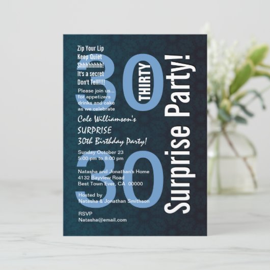 30thサプライズ誕生日ブルー幾何学模様の星の花 招待状 (スタンド正面)