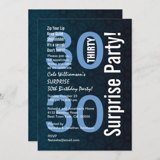 30thサプライズ誕生日ブルー幾何学模様の星の花 招待状 (正面/裏面)