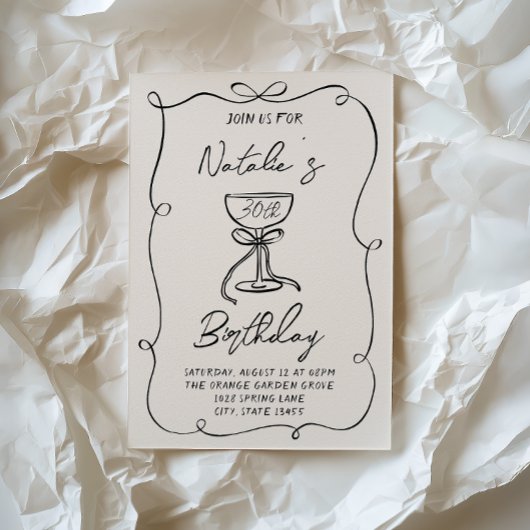 30thハンドドロッドブラック&ホワイトボウマルチニ誕生日 招待状