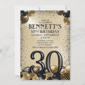 30thバルーン黒金ゴールド誕生日 招待状 (正面)