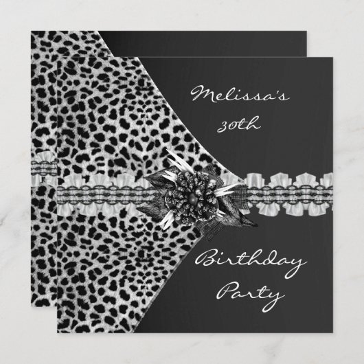 30thバースデーエレガントタブラックグレーレオパード 招待状 (正面/裏面)