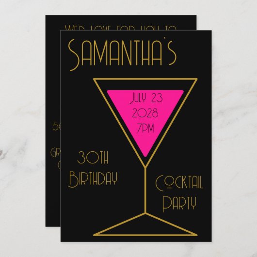 30thバースデーカクテルパーティーブラック金ゴールド誕生日 招待状 (正面/裏面)