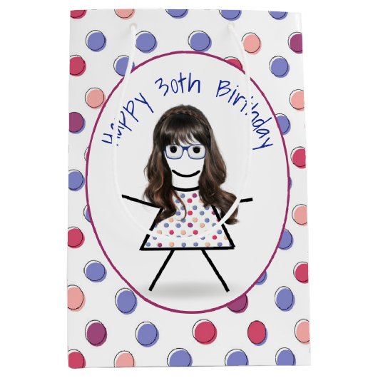 30thバースデースティックガール水玉模様 ミディアムペーパーバッグ (正面)