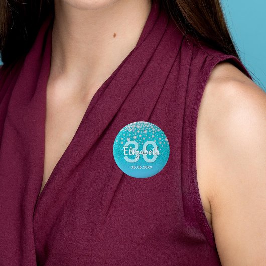 30thバースデーダイヤモンドグリッターティール（緑がかった色）ブルーグリーン 缶バッジ