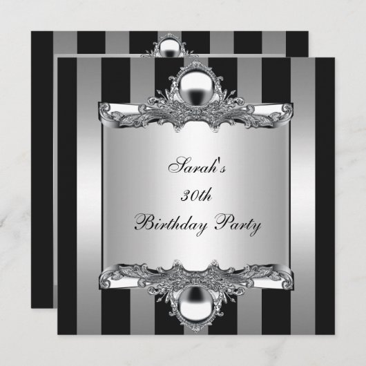 30thバースデーパーティーシルバー白黒ストライプ 招待状 (正面/裏面)