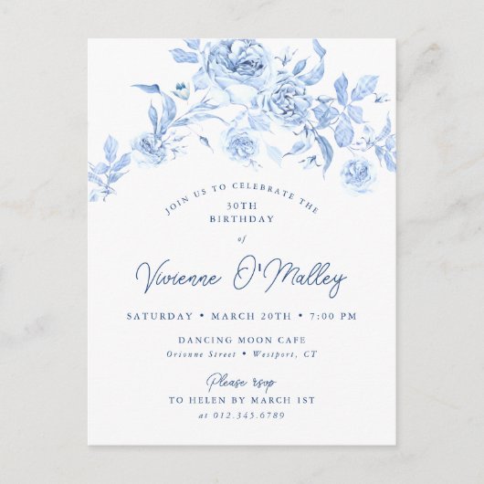 30thバースデーパーティーダスティーブルーバラフローラ インビテーションポストカード (正面)