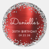 30thバースデーパーティーレッドシルバーグリッター ラウンドシール (正面)