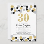 30thバースデーブラック金ゴールドグレーグリッター紙吹雪 招待状 (正面)