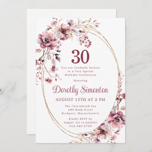 30thバースデーブルゴーニュ赤面ピンクワイルドフラワー 招待状 (正面/裏面)