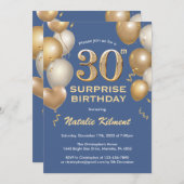 30thバースデーブルーと金ゴールドバルーンを驚かす 招待状 (正面/裏面)